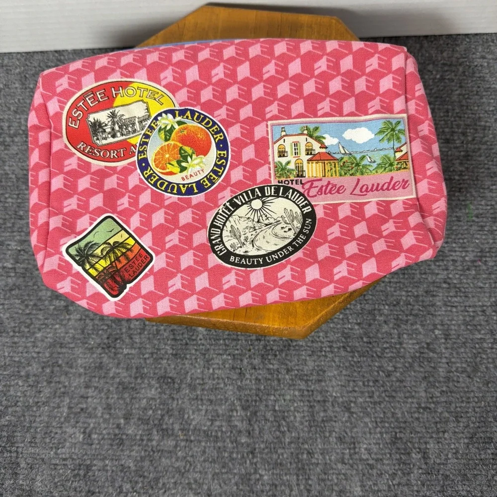 Estee‎ Lauder Travel Cosmetic Bag Pink Pattern Stickers Design Zip Pouch